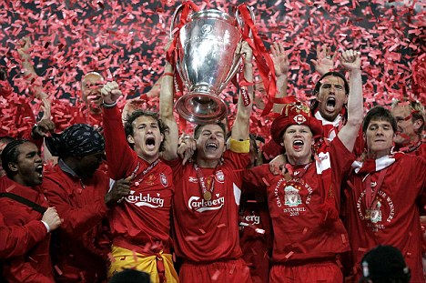 Liverpool captain Steven Gerrard lifts the UEFA Champions League trophy at The Ataturk Olympic Stadium, Istanbul, Turkey, Wednesday May 25, 2005.  Liverpool won the Champions League final, beating AC Milan 3-2 on penalties after the teams were level at 3-3 after 120 minutes. PRESS ASSOCIATION Photo. Photo credit should read: Phil Noble/PA. THIS PICTURE CAN ONLY BE USED WITHIN THE CONTEXT OF AN EDITORIAL FEATURE. NO WEBSITE/INTERNET USE UNLESS SITE IS REGISTERED WITH FOOTBALL ASSOCIATION PREMIER LEAGUE.